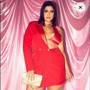 Plus One Shoulder Satin Gold Button Blazer Dress